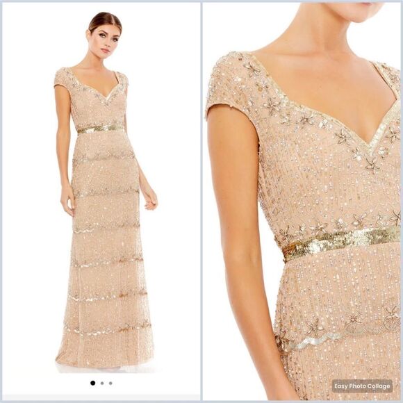 Mac Duggal 9089 Womens Cap Sleeve  Embellished Gown Nude 8 - Picture 1 of 16